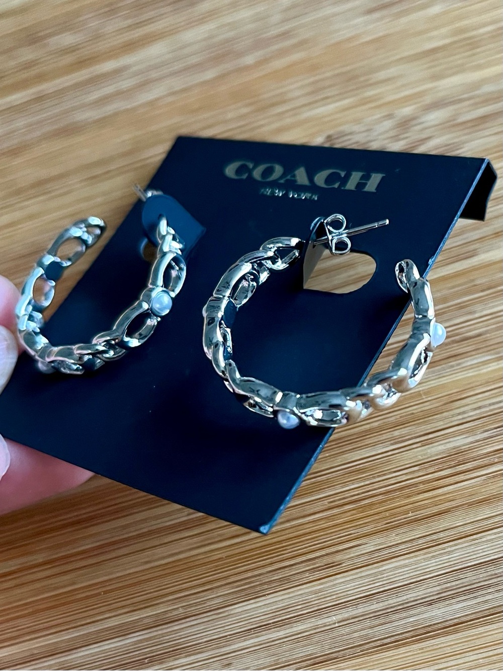 COACH SILVER TONE SIGNATURE C HOOP Earrings w/ PEARL ACCENTS & Butterfly Closure - Picture 3 of 5